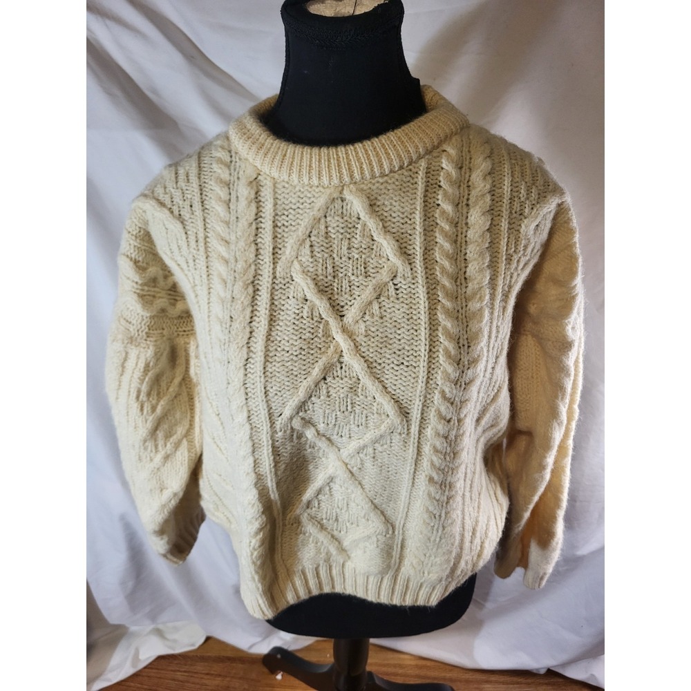 British Wool Naturally Womans  Ivory Fisherman Sweater Cropped Size Small